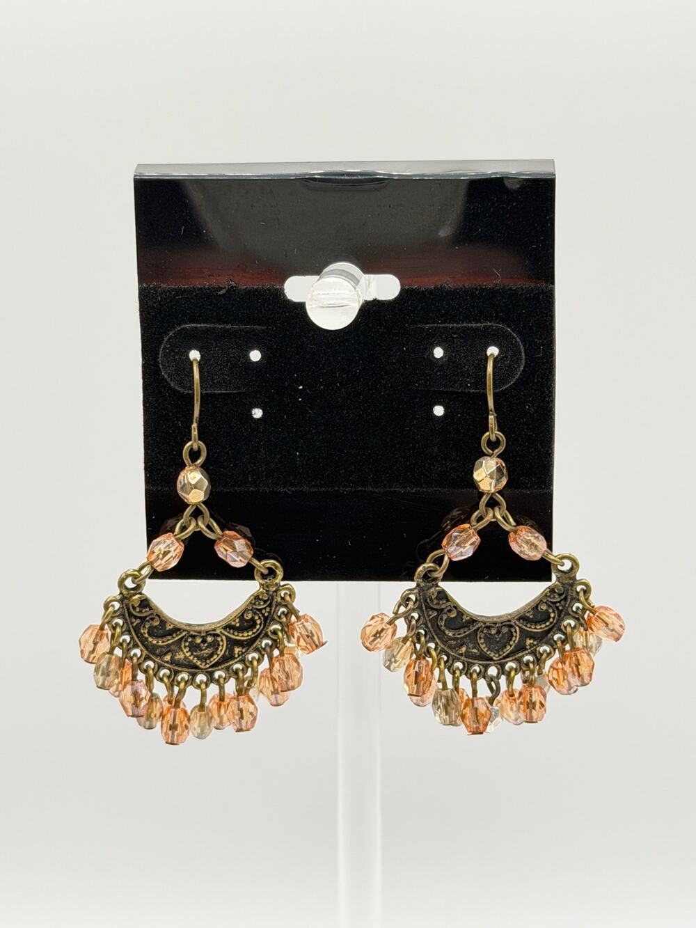 Antique Brass Beaded Boho Chandelier Earrings | Peach Crystal